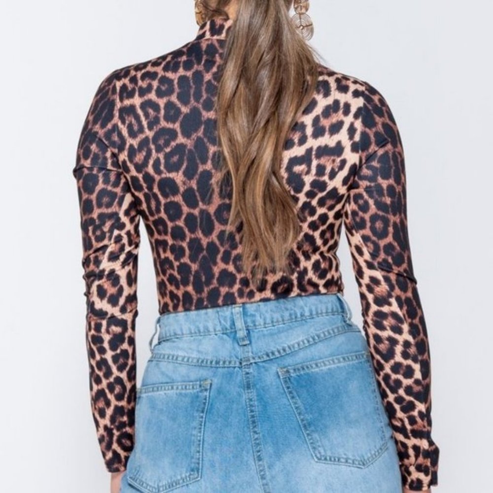 Leopard Print Long Sleeve High Neck Bodysuit Top - Picture 6 of 9